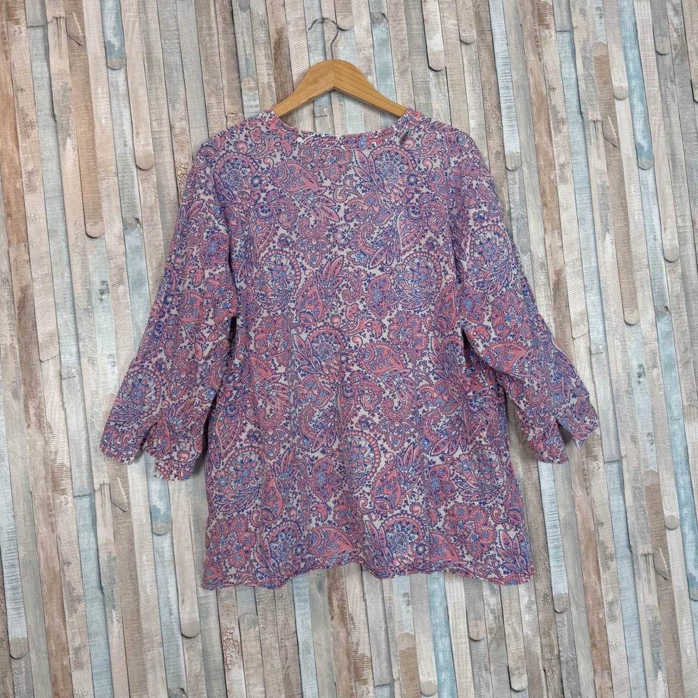 Talbots 3X Pink Blue Paisley 100% Cotton Tunic Blouse 3/4 Sleeve V-Neck Top - Picture 4 of 8